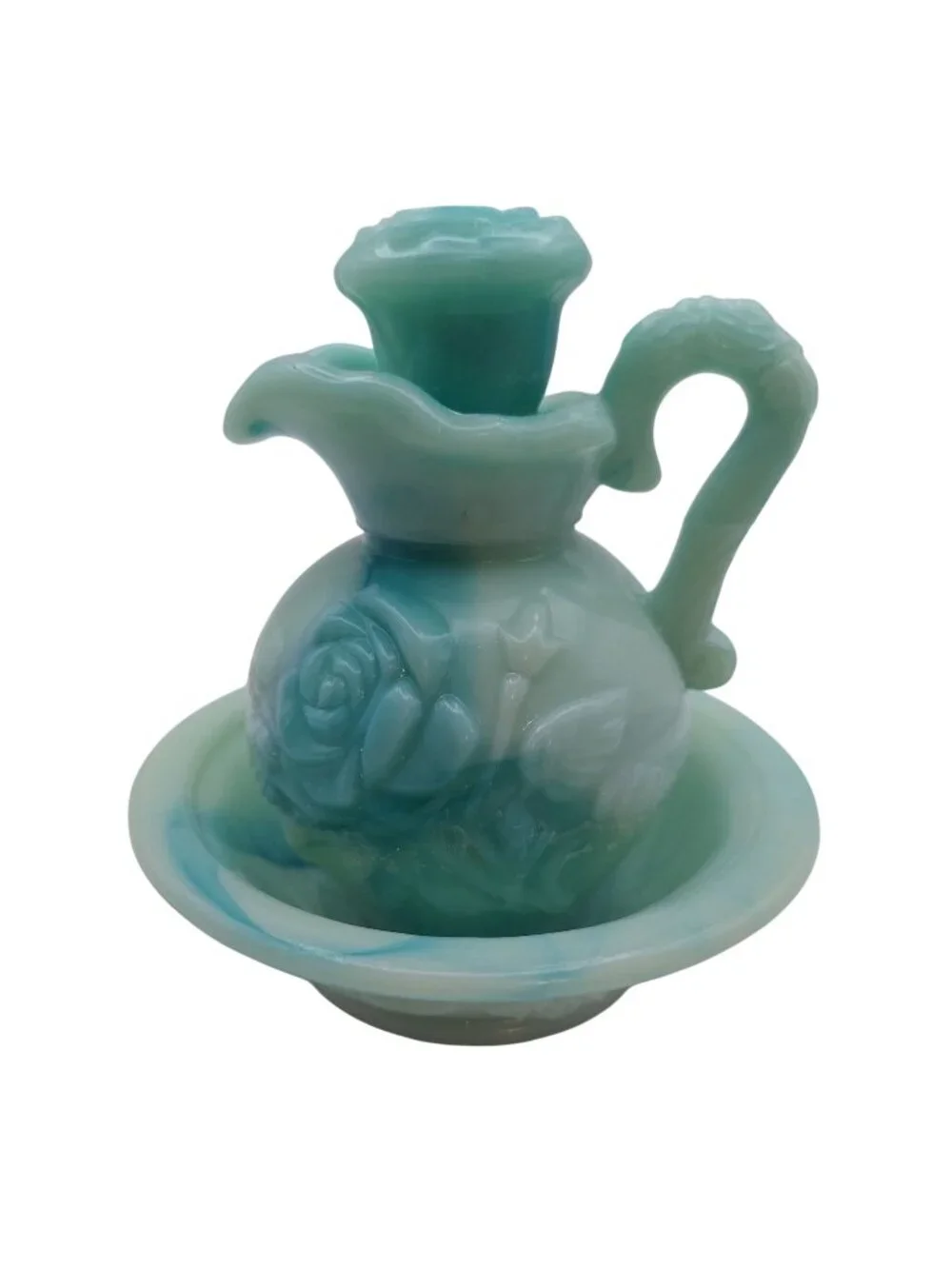 Avon Victoriana Pitcher Bowl Set Miniature Green Slag Glass Vintage Collectible